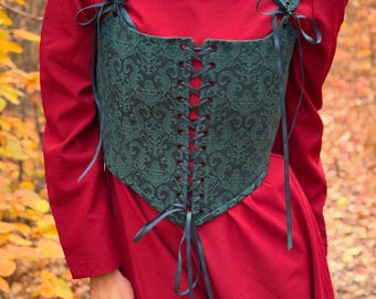 Green Jacquard Renaissance Corset: Double Lace Bustier with Straps