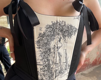 Toile de Jouy Black  Corset Top, Renaissance corset, Corset top, Corset with painting, Vintage corset, Plus Size Corset