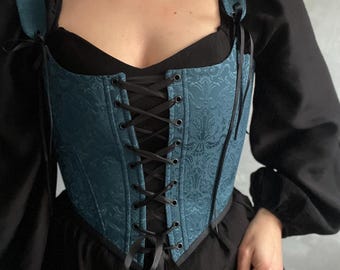 Jacquard Renaissance Corset, Double Lace Corset, Corset Top, Handmade Corset ,Plus Size Corset,   Emerald Corset Front Lacing Bustier
