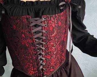Corsé renacentista, corsé de doble encaje, top de corsé, corsé hecho a mano, corsé de talla grande, corsé negro y rojo con encaje frontal.