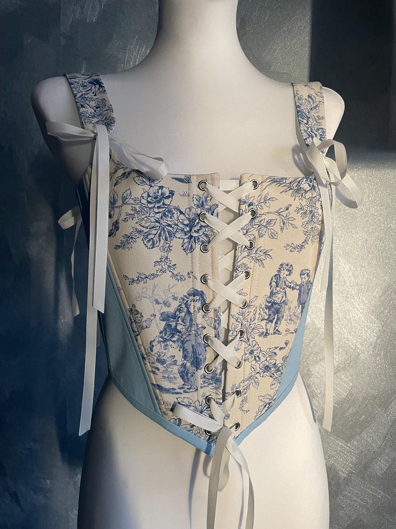 Corset Toile de Jouy – Blue Pleated Ruffle