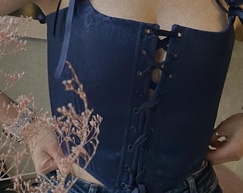 Renaissance Corset, Double Lace Corset, Corset Top, Handmade Corset ,Plus Size Corset,  Blue Corset Front Lacing Bustier, Christmas outfit