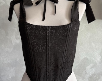 Black Jacquard Corset Top, Ren Faire Medieval Corset, Gothic Corset for Larp Cosplay, Renaissance Stays, Ruffle Rococo Corset Plus Size