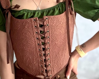 Bruin renaissance korsettopje, handgemaakte renaissance korsettopje, jacquard geregen bustier, korsetjurk, grote maten