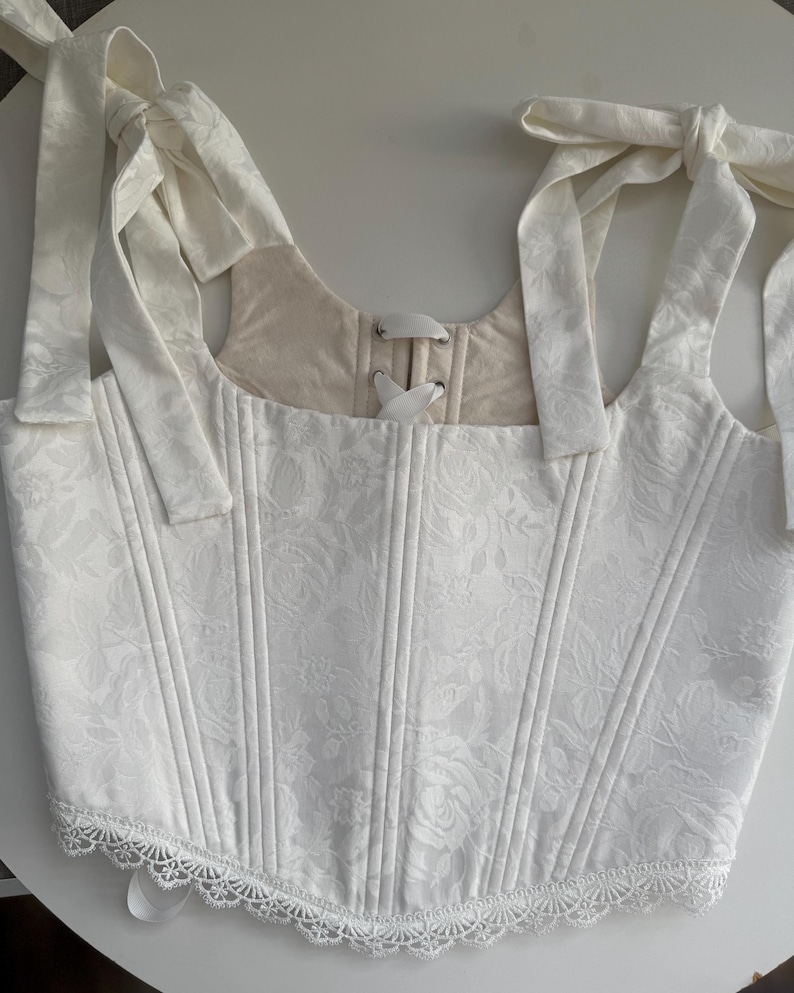 Bruiloft korset, jacquard korset, renaissance korset, plus size korset, korset met kanten lijfje in zacht wit, prinsessenkorset, bruids korset afbeelding 7
