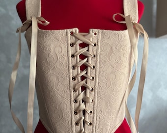 Jacquard Renaissance Corset, Double Lace Corset, Corset Top, Handmade Corset ,Plus Size Corset,  Light Beige Corset Front Lacing Bustier