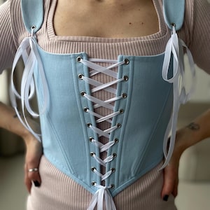 Renaissance Corset, Corset Top, Handmade Corset, Plus Size Corset, CottageCore Princess Front Lacing Bustier, Blue Corset