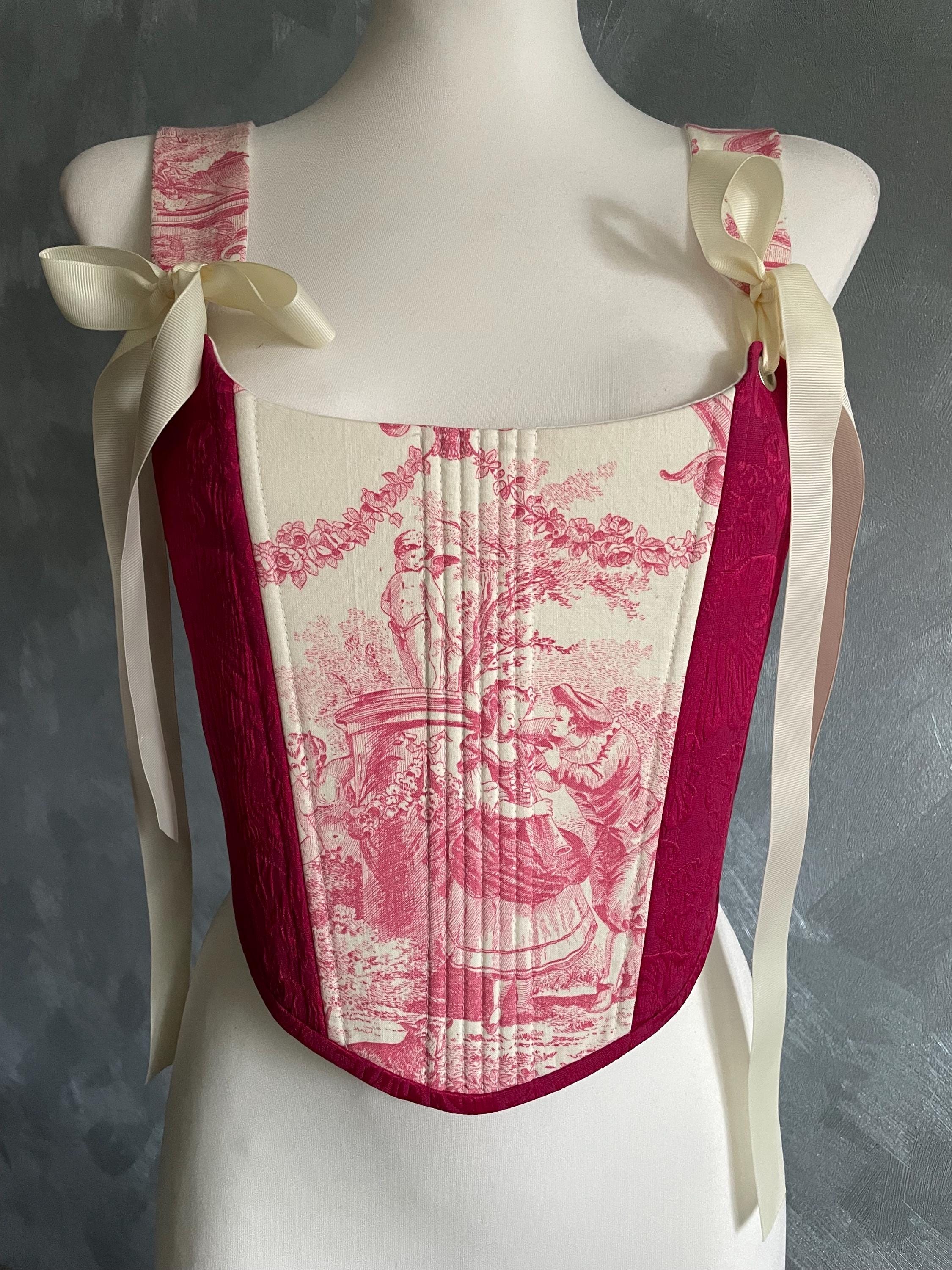 Toile de Jouy Corset Top, Renaissance corset, Corset top, Corset with painting, Vintage corset, Pink Corset