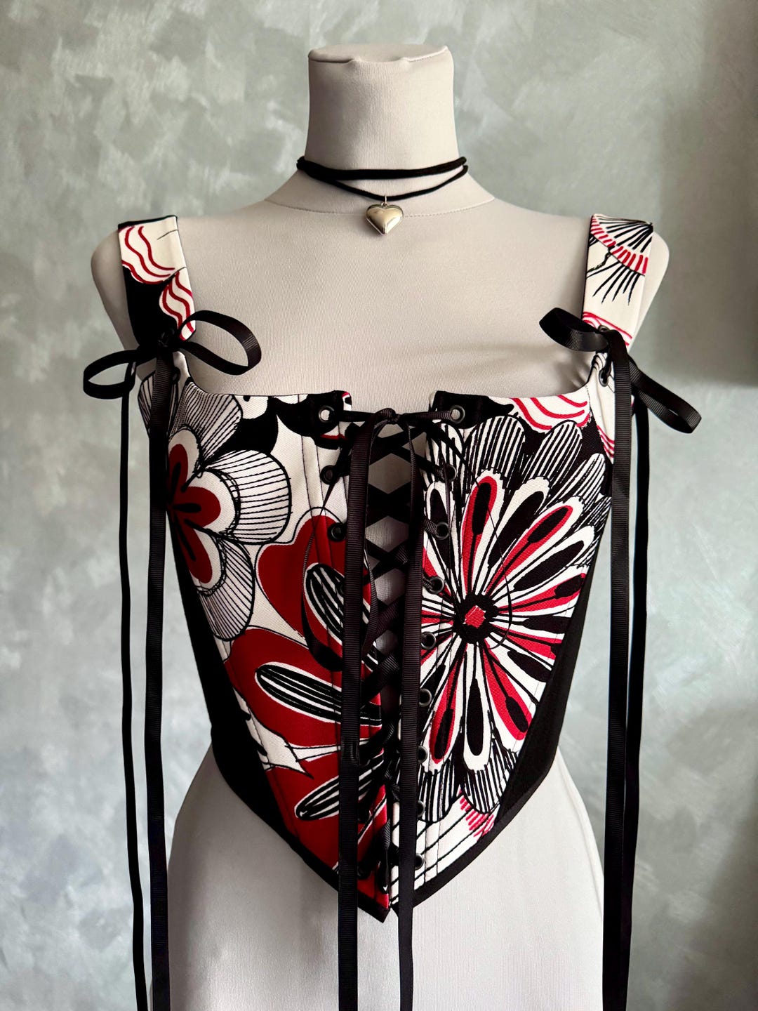 Handmade Renaissance Red Black Corset Top, Floral Lace-up Corset Top ...