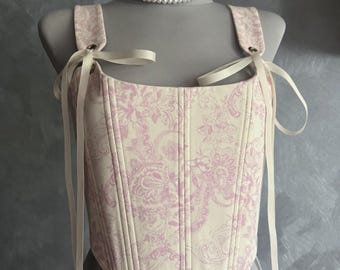 Toile de jouy korsettop, renaissance lijfje blijft vintage strapless kostuum cottage kern voorkant veter bustier korset grote maat, zacht wit