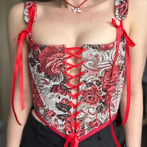 Tapestry Corset, Renaissance Bodice Stays Strapless, Corset Top, Handmade Corset, Plus Size Corset, Red Floral Corset Front Lacing Bustier