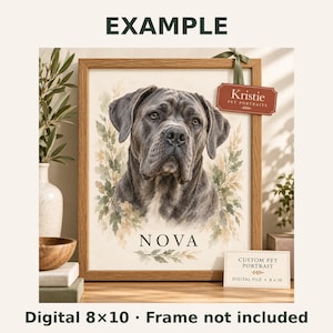 May include: A framed watercolour-style portrait of a grey dog with the name NOVA printed below. A red tag reads Kristie Pet Portraits, and a small card states Custom Pet Portrait Digital File 8x10. The artwork features green and tan foliage accents.