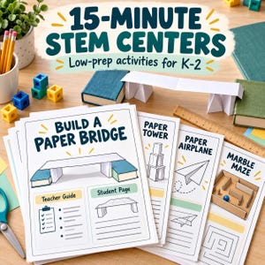 Puede incluir: Un conjunto de hojas de actividades educativas tituladas 15-Minute STEM Centers for K-2, que incluyen instrucciones para construir un puente de papel, una torre, un avión y un laberinto de canicas, junto a una regla de madera, lápices y bloques de colores.