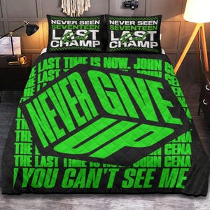 John Cena custom bedding set featuring You Can't See Me design and Never Give Up graphics, personalized wrestling duvet cover for Cenation fans and WWE collectors