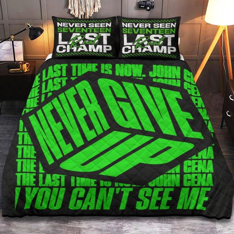 John Cena custom bedding set featuring You Can't See Me design and Never Give Up graphics, personalized wrestling duvet cover for Cenation fans and WWE collectors