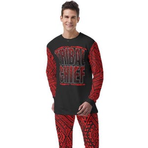 May include: Black long-sleeve shirt and pants set with red tribal pattern sleeves and legs. The shirt features the text "TRIBAL CHIEF" in red and white. The outfit is a matching set.