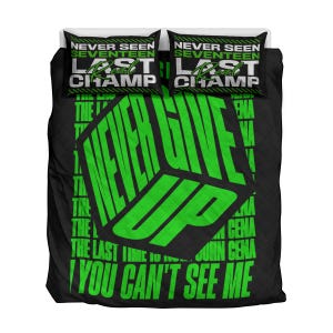 Bedroom styled with custom John Cena wrestling bedding, comfortable duvet cover with hustle loyalty respect design, perfect kids bedroom decor celebrating 16-time champion