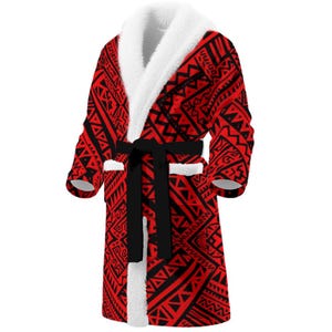 May include: A red and black patterned robe with a white fluffy collar and cuffs. The robe has a black belt and a geometric design. The robe is made of a soft material and is designed for comfort.