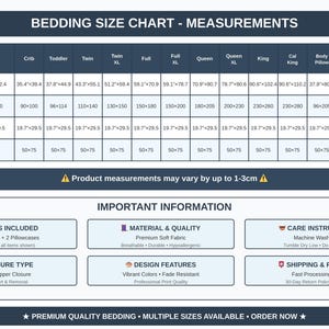 K&ouml;nnte beinhalten: Eine Bettw&auml;sche-Gr&ouml;&szlig;entabelle mit Ma&szlig;en in Zoll und Zentimetern f&uuml;r verschiedene Bettgr&ouml;&szlig;en, einschlie&szlig;lich King, Queen und Twin. Die Tabelle enth&auml;lt auch Informationen zu Lieferumfang, Material, Pflegehinweisen und Designmerkmalen.