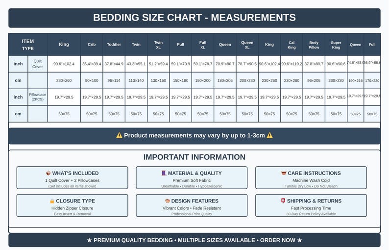 K&ouml;nnte beinhalten: Eine Bettw&auml;sche-Gr&ouml;&szlig;entabelle mit Ma&szlig;en in Zoll und Zentimetern f&uuml;r verschiedene Bettgr&ouml;&szlig;en, einschlie&szlig;lich King, Queen und Twin. Die Tabelle enth&auml;lt auch Informationen zu Lieferumfang, Material, Pflegehinweisen und Designmerkmalen.