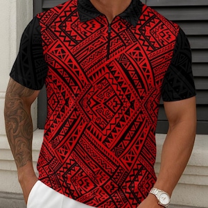 May include: Red and black polo shirt with a geometric tribal pattern. The shirt has a black collar, black sleeves, and a zipper closure. The design features intricate black shapes on a red background.