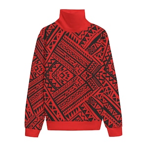 May include: A red turtleneck sweatshirt with a black geometric pattern. The design features repeating shapes and lines, creating a bold and eye-catching look. The cuffs and hem are solid red.