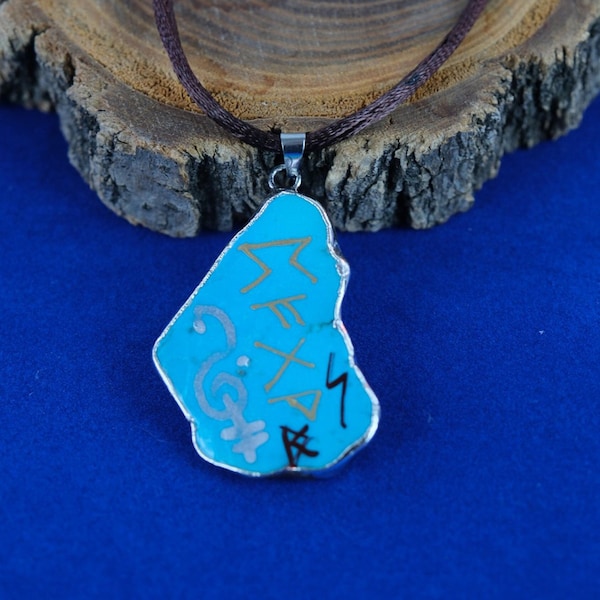 Turquoise Necklace, Rune and Zibu Symbols To Prepared for a Successful Life, Healing Necklace with Cord, Talisman Pendant