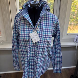 Claudine - Upcycled Men’s Shirt into Women's Blouse with Ruffle Collar | One-of-a-Kind Reworked Button Down | Sustainable Fashion - Sz XL
