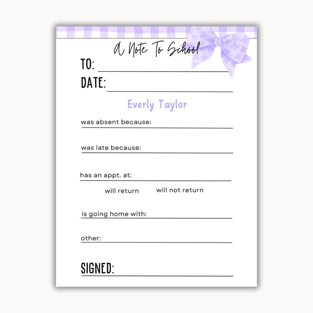 Absence Note Pad Personalized School Notepad | Custom School Communication Pad for ...