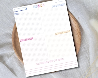 May include: A white notepad with the words "SIN", "SPECK", "PROMISES", "EXAMPLES", "COMMANDS", and "KNOWLEDGE OF GOD" in various colors. The notepad is on a wooden plate and white cloth.