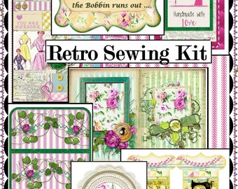 Retro Chic Sewing Junk Journal Kit - 8 Backgrounds, 15 Double Pages, 66 Embellishments - Digital Printable - INSTANT DOWNLOAD