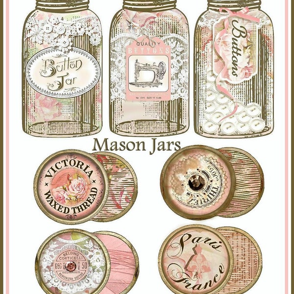 INSTANT DOWNLOAD Vintage Sewing Mason Jar & Thread Spool Diecuts for Cards, Tags, Scrapbooking, Crafts Digital Printables