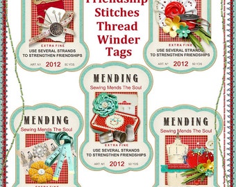 Friendships Stitches Retro Chic Thread Winder Tags Digital Printables INSTANT DOWNLOAD