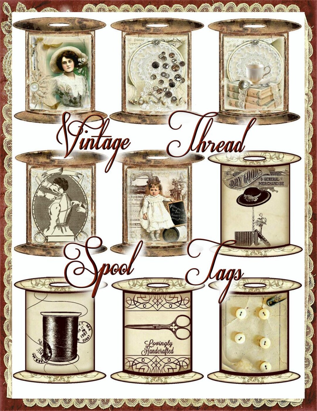 From the Sewing Box Vintage Thread Spool Tags Digital Printable INSTANT DOWNLOAD Etsy