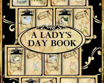 A Lady's Daybook Digital Printable Vintage Journal with 8 Double Pages, 41 Embellishments, 5 Backgrounds INSTANT DOWNLOAD