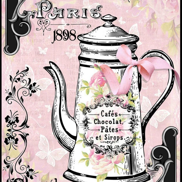 INSTANT DOWNLOAD Paris Chocolate Pot Collage Digital Printable Vintage french Engraving Transfer for Journals, Cards, Crafts