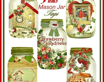 Cottage Chic Strawberry Fields Mason Jar Tags Digital Printables INSTANT DOWNLOAD