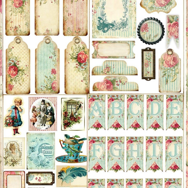 Shabby Roses Digital Journal Book Kit with 24 Papers and 72 Embellishments MUST SEE Cottage Chic Printable  Instant Download