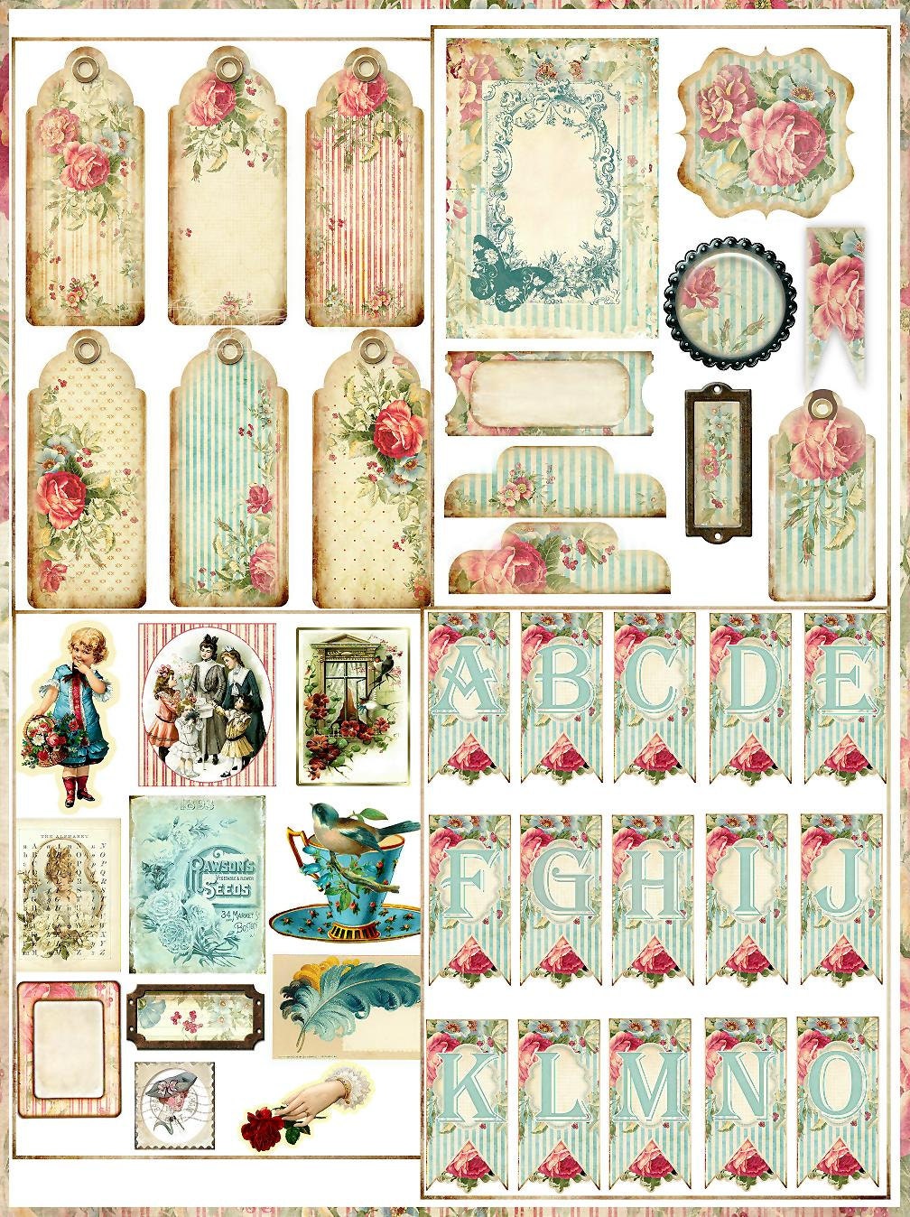 Shabby Roses Digital Journal Book Kit with 24 Papers and 72 Embellish…