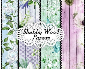 Shabby Wood Watercolor Flowers Background Papers Set - Digital Printable - INSTANT DOWNLOAD