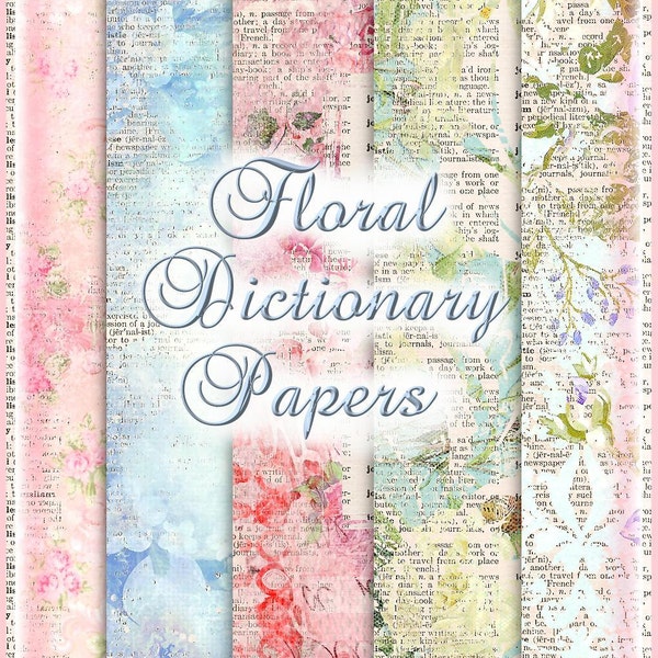 Floral Dictionary Background Papers Shabby Distressing Vintage Flowers INSTANT DOWNLOAD Digital Printable