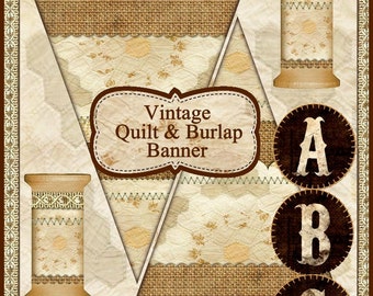 Vintage Quilt and Burlap Sewing Banner with Penny Rug Alphabet INSTANT DOWNLOAD Digital Printable