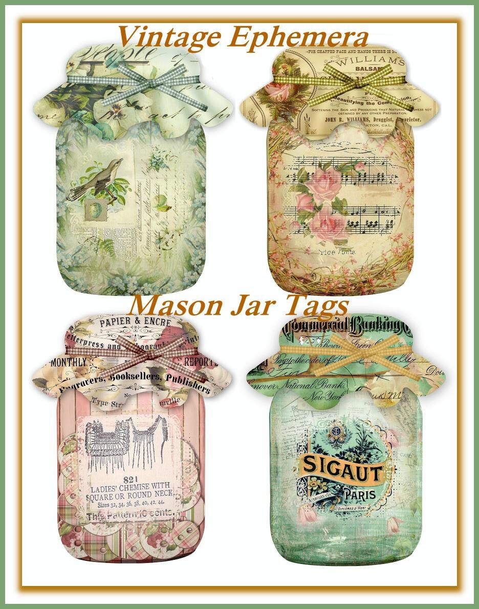Altered Art Vintage Ephemera Mason Jar Tags Botanicals, Sheet Music, …