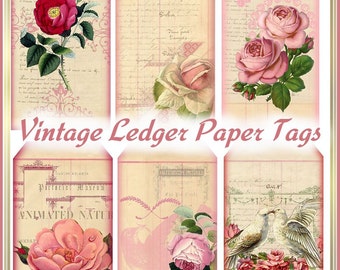 Vintage Roses Paper Ledger Tags Altered Art Shabby Cottage Chic INSTANT DOWNLOAD Digital Printable