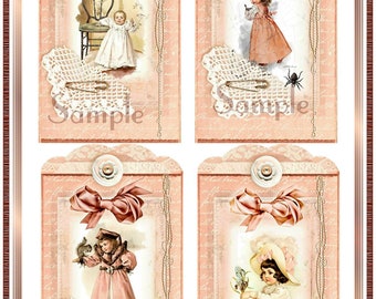 Vintage The Children's Hour Tags Digital Printable  INSTANT DOWNLOAD for Journals, Greeting Cards, Gifts