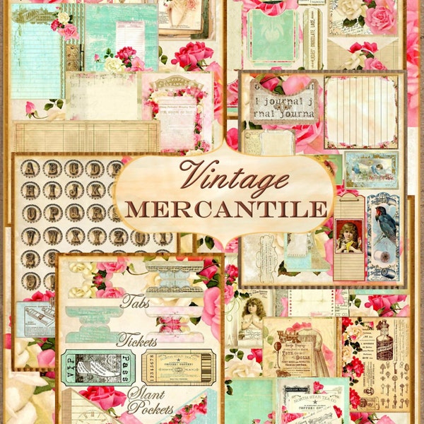 VINTAGE MERCANTILE Journal Kit avec 16 pages, 30 embellissements, bouchon de bouteille complet Alphabet numérique Téléchargement instantané imprimable