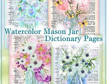 Watercolor Mason Jar Dictionary Background Paper Collages for Crafts, Cards, Scrapbooks INSTANT DOWNLOAD Shabby Cottage Chic Digital