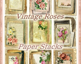 Vintage Roses Paper Stack Collages 9 Full Size Pages PLUS BONUS ATC Size Cards for Junk Journals -  Digital Printables - Instant Download