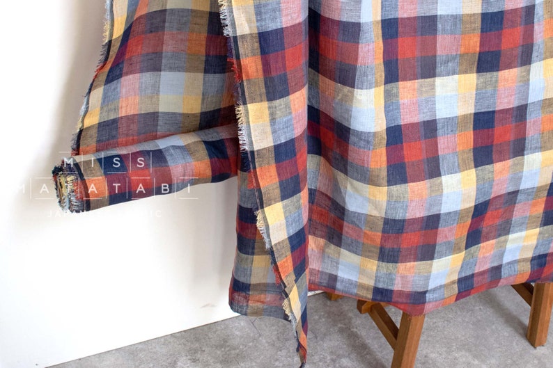 DEADSTOCK Japanese Fabric 100% Linen Check Plaid 37 50cm image 3