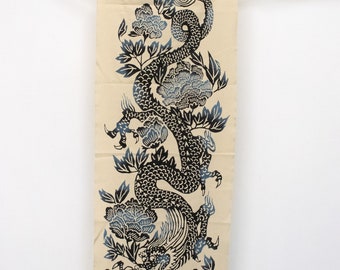 Shokunin Collection Hand-printed Chusen Japanese Tenugui Fabric - Year of the Dragon 2024 - Peony Dragon  - blue, indigo - 50cm